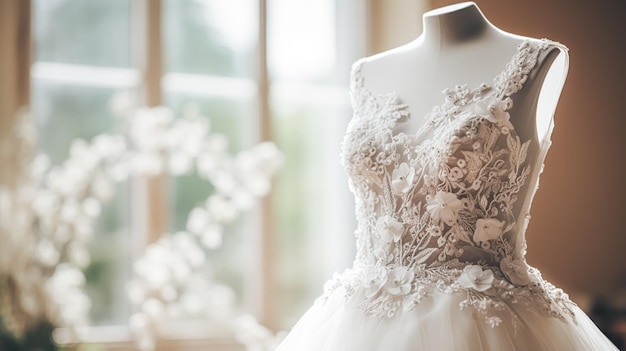 Фото Свадебные платья стиль свадебного платья и сделанное на заказ модное белое бальное платье в выставочном зале, идеально подходящее для красоты и свадебного вдохновения