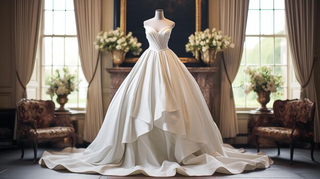 Wedding drees bridal gown style and bespoke fashion fulllegth white tailored ball gown in showroom tailor fitting beauty and wedding inspiration