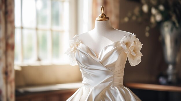 ウェディングドレスのブライダルガウンスタイルとオーダーメイドのファッション白いテーラードボールガウンをショールームで仕立て、美しさと結婚式のインスピレーションをフィッティング