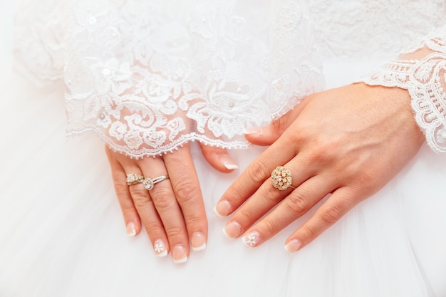 Wedding dress and bride's hands ring