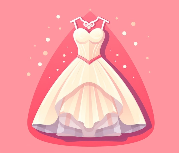 A wedding dress on a hanger with a pink background