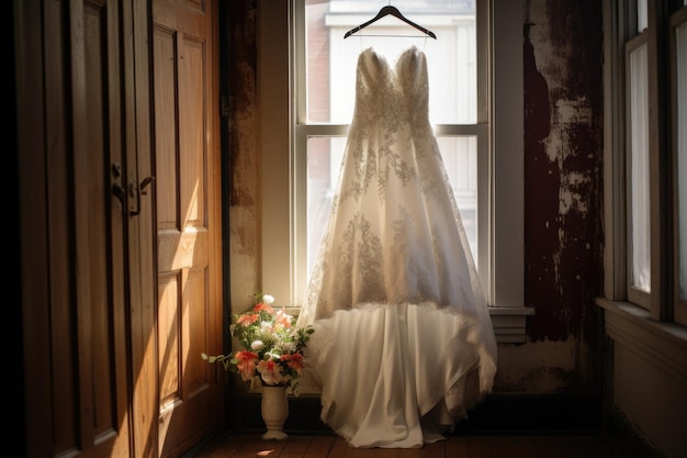 Wedding dress hanging on a door frame with natural light streaming from behind