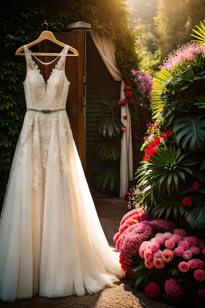 Wedding dress hanging on a door with flowers in the background