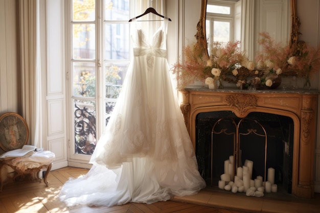 Wedding dress hanging on hanger in apartment