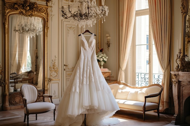 Wedding dress hanging on hanger in apartment