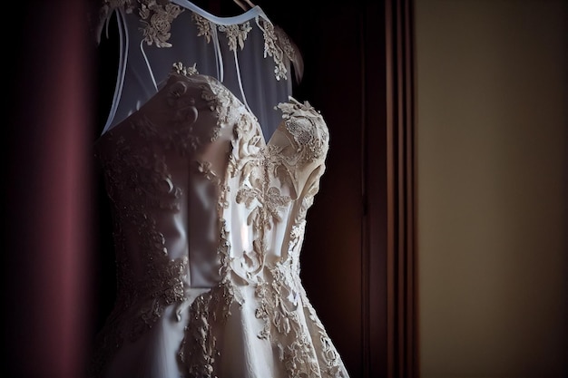 Wedding dress hanging on a hanger in a hotel roomgenerative ai