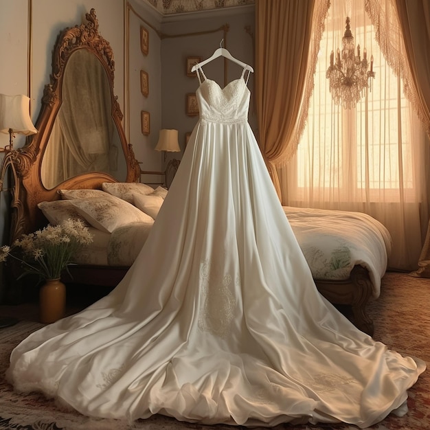 A wedding dress hangs on a bed in a room.