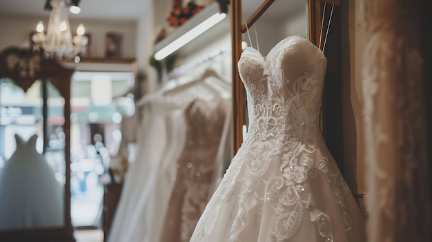 Photo a wedding dress hangs in a closet with a mirror behind it