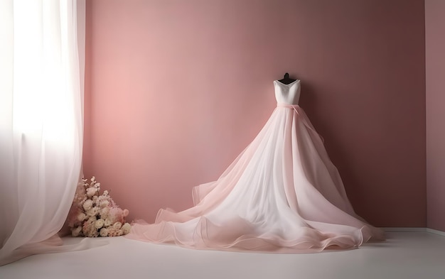 A wedding dress hangs on a wall next to a bouquet of flowers.