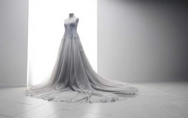 A wedding dress is displayed in front of a white wall.