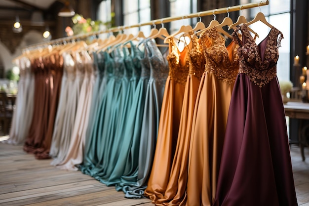 a wedding dress is on hangers with different dresses at the store in the style of light teal and dark gold subversive appropriation light purple and brown innovating techniques