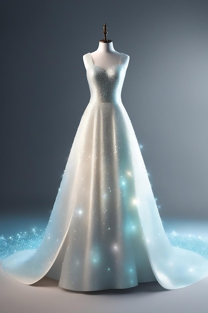 Premium AI Image | Wedding dress on a mannequin white glitter floating ...