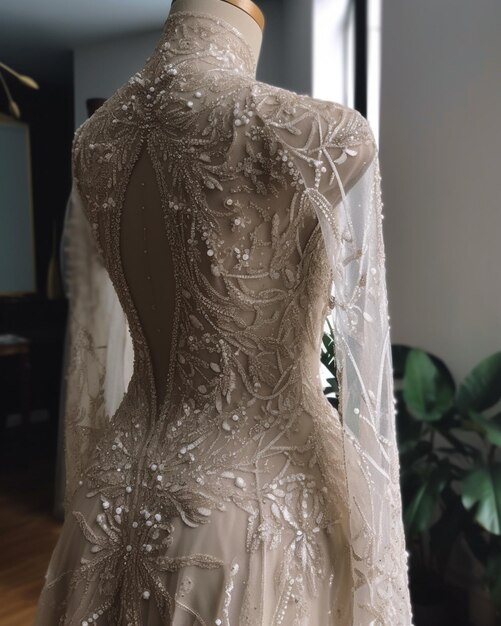 A wedding dress with a beaded neckline and a beaded bodice.