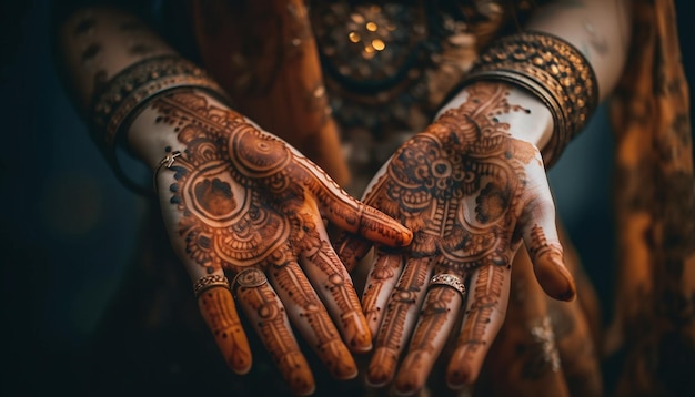 Foto l'eleganza del matrimonio risplende negli intricati tatuaggi all'henné generati dall'intelligenza artificiale