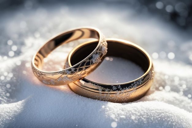 Фото Свадебные обручальные кольца любовь и символ брака на снегу