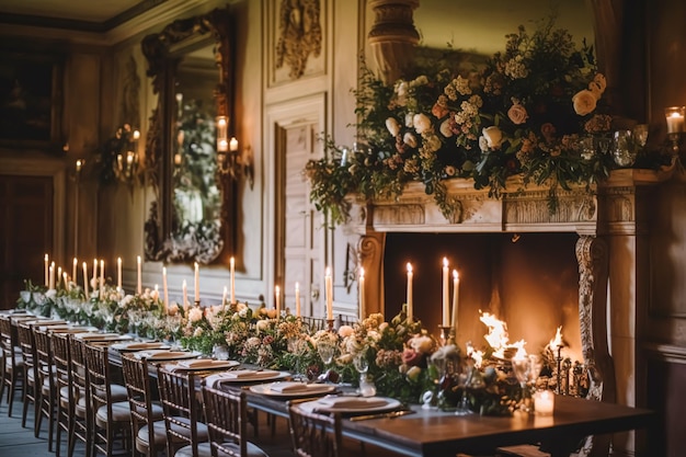 結婚式のイベントのお祝いと秋の休日のテーブルスケープ、キャンドルと花飾りのアイデアを備えた田舎の邸宅のテーブルスケープの古典的な秋の装飾とフォーマルなディナーテーブルの設定