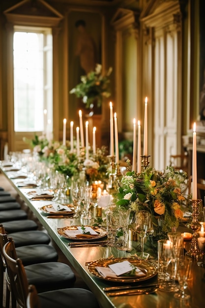 Wedding event celebration and autumn holiday tablescape classic autumnal decor and formal dinner table setting in the country mansion table scape with candles and floral decoration