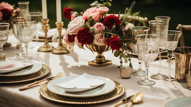 Wedding and event celebration tablescape with flowers formal dinner table setting with roses and wine elegant floral table decor for dinner party and holiday decoration home styling