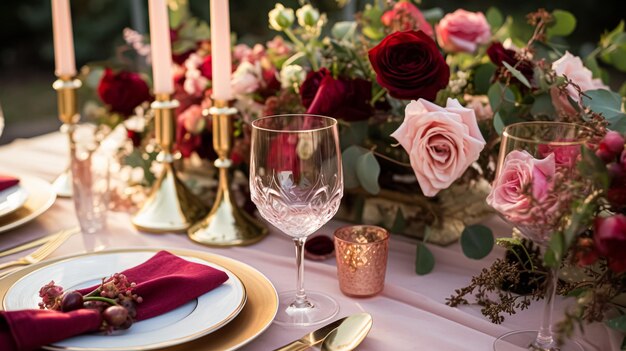 Wedding and event celebration tablescape with flowers formal dinner table setting with roses and wine elegant floral table decor for dinner party and holiday decoration home styling