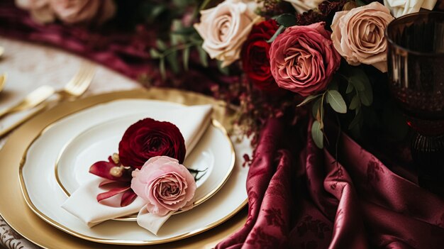 Photo wedding and event celebration tablescape with flowers formal dinner table setting with roses and wine elegant floral table decor for dinner party and holiday decoration home styling