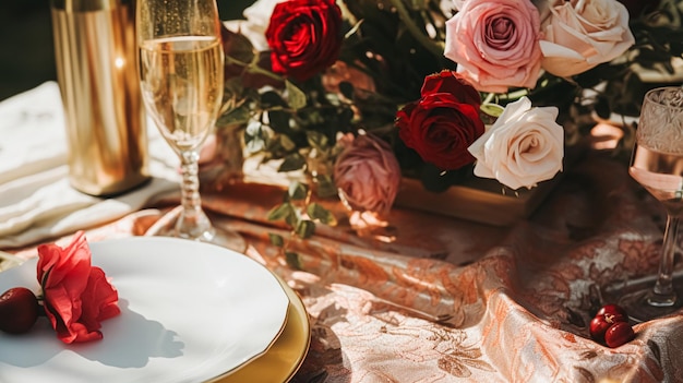 Photo wedding and event celebration tablescape with flowers formal dinner table setting with roses and wine elegant floral table decor for dinner party and holiday decoration home styling