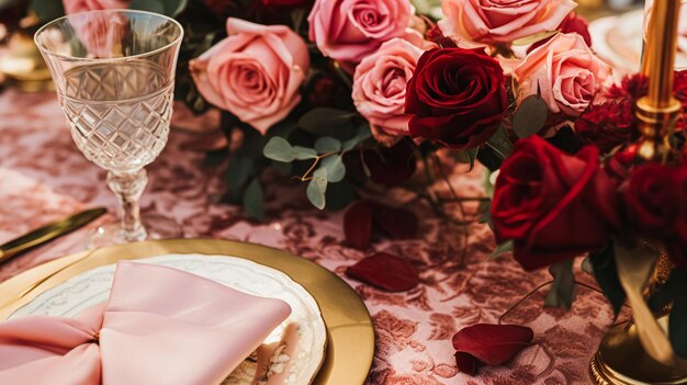 Foto decorazione del tavolo per matrimoni e celebrazioni con fiori decorazione formale della tavola da cena con rose e vino decorazione elegante del tavolo floreale per la festa di cena e la decorazione delle vacanze