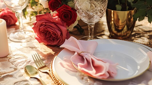 Foto decorazione del tavolo per matrimoni e celebrazioni con fiori decorazione formale della tavola da cena con rose e vino decorazione elegante del tavolo floreale per la festa di cena e la decorazione delle vacanze