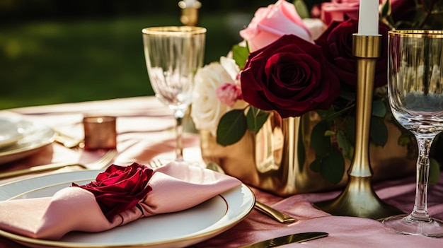 Photo wedding and event celebration tablescape with flowers formal dinner table setting with roses and wine elegant floral table decor for dinner party and holiday decoration home styling