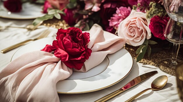 Wedding and event celebration tablescape with flowers formal dinner table setting with roses and