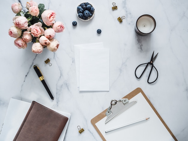 Photo wedding . flat lay with blank greeting card, envelope.