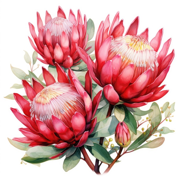 Wedding floral composition watercolor Australian native flower arrangement Protea perfect invitation