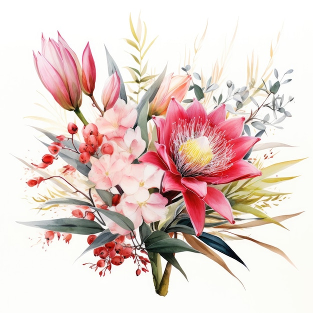 Photo wedding floral composition watercolor australian native flowers arrangement protea waratah bouquet