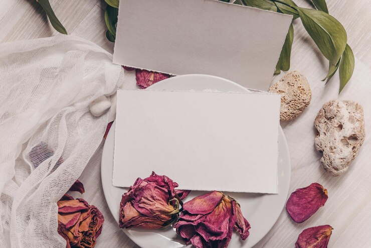 Photo 結婚式の花の招待カードのモックアップ熱帯の葉と石の背景スタイルのストックフォト