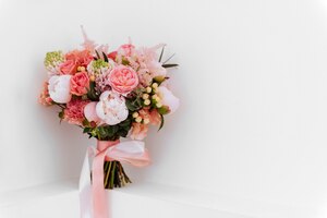 特写照片婚礼鲜花,新娘花束。