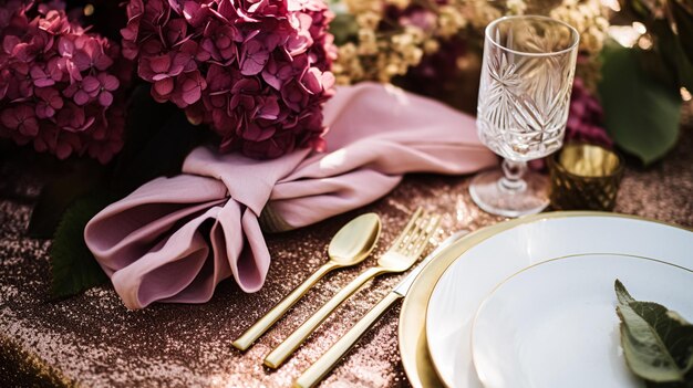 Foto decorazione del tavolo florale per matrimoni o cene formali, celebrazione di vacanze, paesaggio con fiori di ortensia nella campagna inglese, tavolo da giardino e vino per la cena di famiglia, festa e stile di casa.