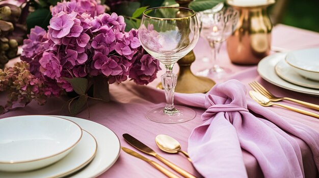 Wedding or formal dinner holiday celebration tablescape with hydrangea flowers in the English countryside garden table setting and wine floral table decor for family dinner party home styling