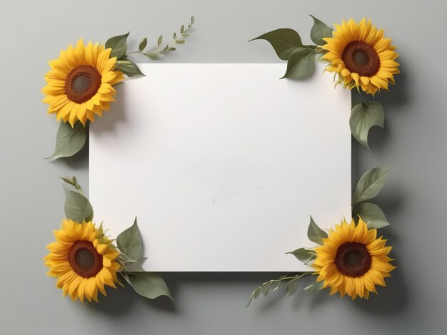 Photo wedding frame with yellow sunflowers and leaves for logo mockup or copy paste