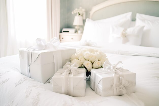 Wedding gifts and flowers in an elegant white bedroom postprocessed generative ai