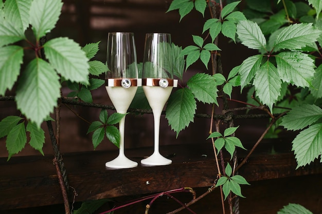 Wedding glasses on the background of the vine