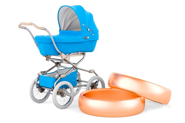 Wedding gold ring and baby pram parenthood and family concept 3D rendering