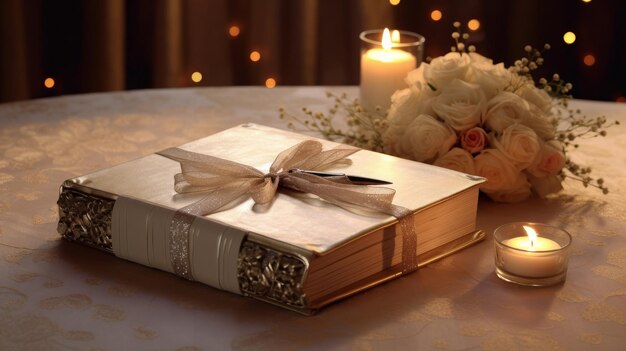 Wedding guest book on a decorated table for guests to leave their wishes AI generated