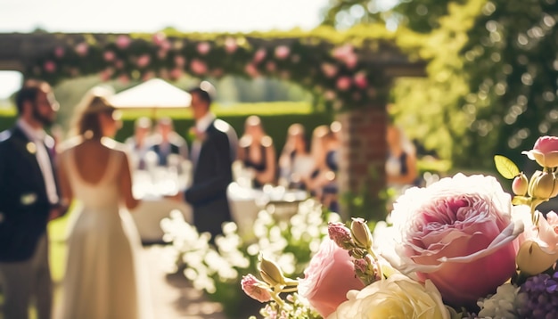 写真 晴れた日に美しい屋外会場で祝う結婚式のゲスト 豪華な結婚式の装飾のアイデアと花の装飾のインスピレーション ガーデンエステートでのパーティーイベントのお祝い generative ai