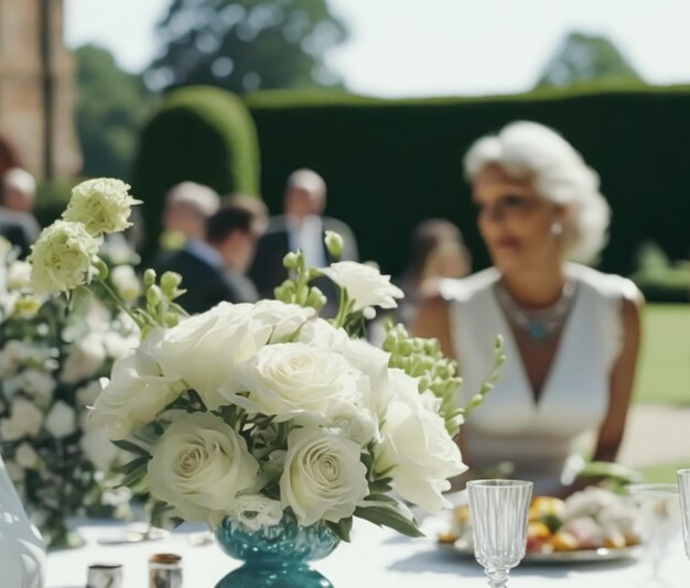 Wedding guests celebrating at a beautiful outdoor venue on a sunny day luxury wedding decoration idea and decor inspiration with flowers party event celebration at the garden estate Generative Ai