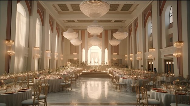 Wedding hall or other function facility set for fine dining Generative AI