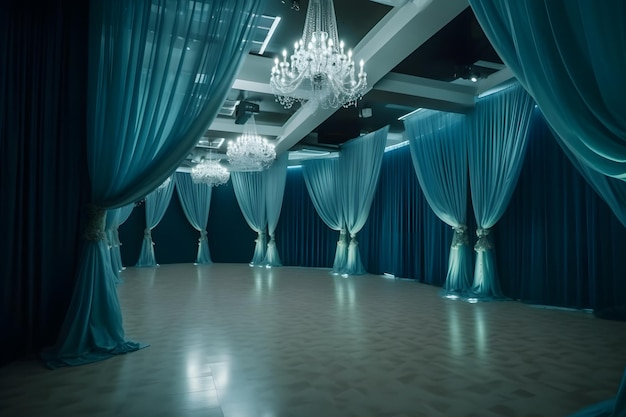 Свадебный зал с роскошными синими шторами сгенерирован нейронной сетью ai