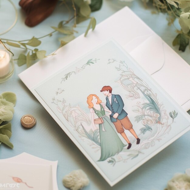 Foto invito al matrimonio bella carta di nozze con la sposa e lo sposo illustrazione vettoriale generativa ai