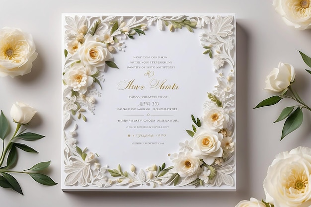 Wedding invitation or bridal shower invitation white wooden frame decorated with flowers blank space for a text