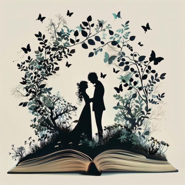 Photo wedding invitation card bride and groom in the open book