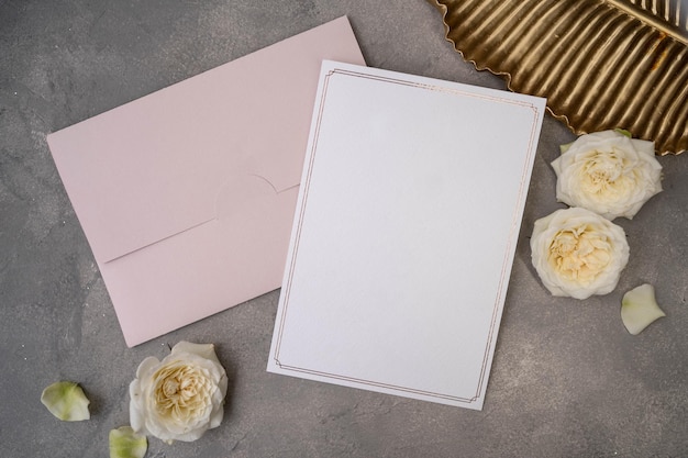 Wedding invitation card mockup with natural eucalyptus and white gypsophila plant twigs Blank card mockup on beige background