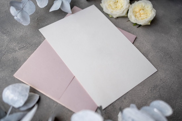 Foto mockup di carta di invito a nozze con eucalipto naturale e ramoscelli bianchi di gypsophila mockup di carta vuota su sfondo beige